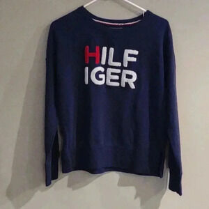 Tommy Hilfiger women's small navy crewneck with raised varsity lettering‎